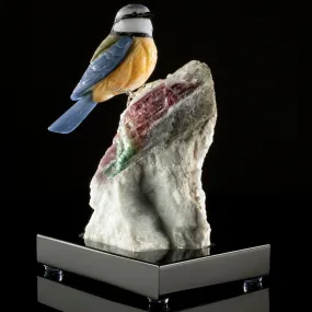 Peter Muller Dumortuorite Blue Tit Love Bird Carving on Watermelon Tourmaline Base