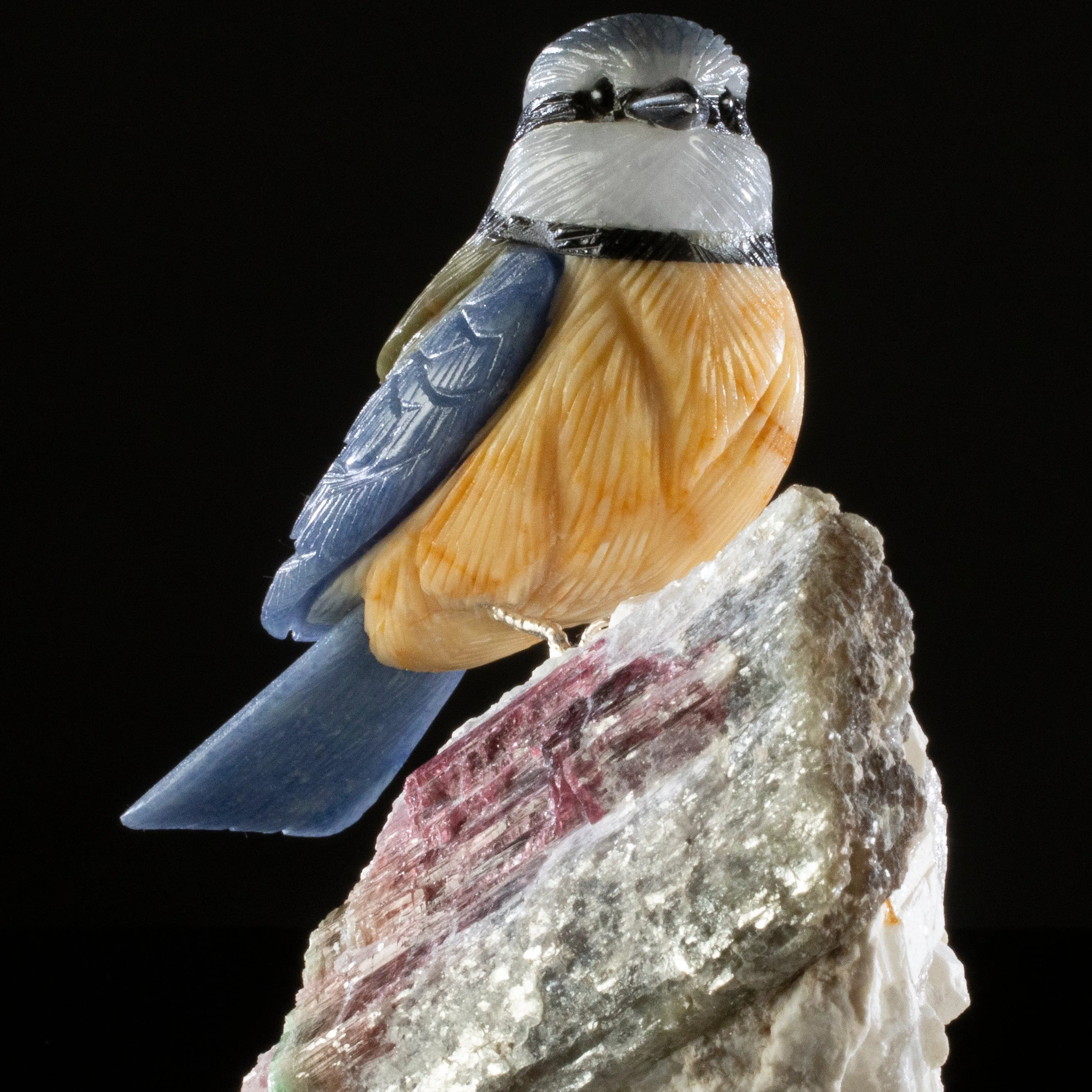 Peter Muller Dumortuorite Blue Tit Love Bird Carving on Watermelon Tourmaline Base