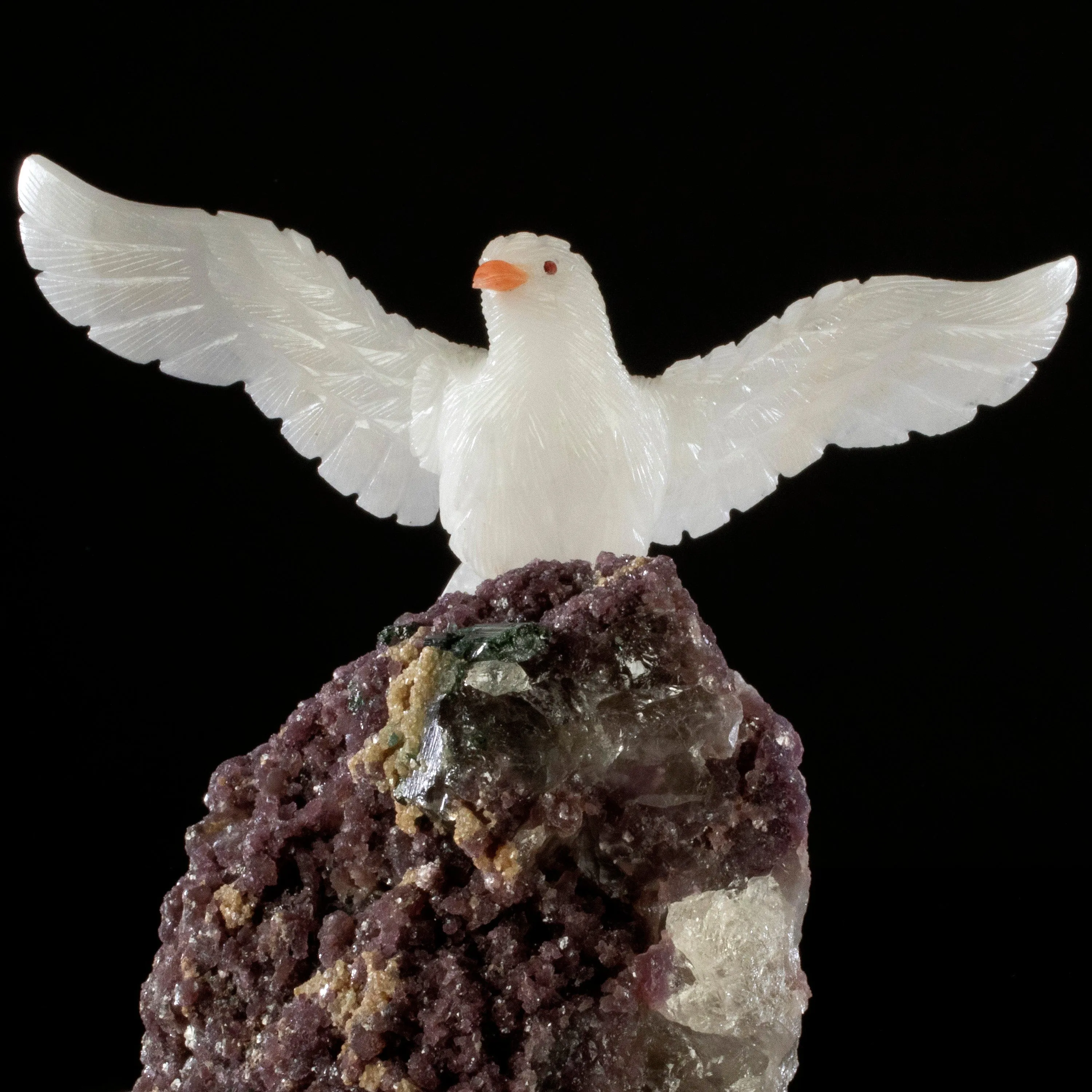 Peter Muller Quartz Pigeon Love Bird Carving on Lepidolite Base