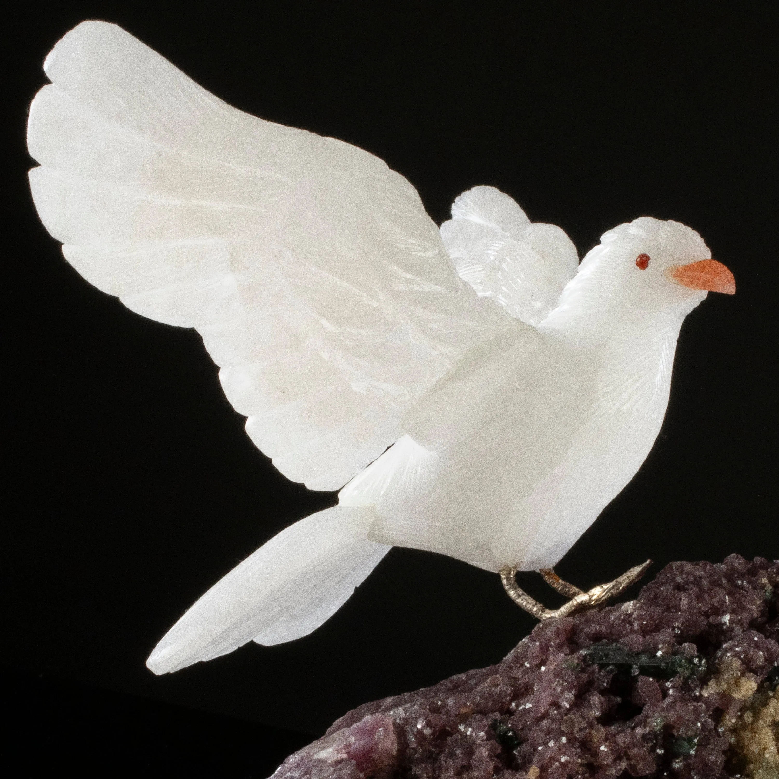 Peter Muller Quartz Pigeon Love Bird Carving on Lepidolite Base