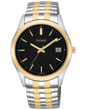 Pulsar Mens Expansion Band - Stainless & Gold Tone - Black Face