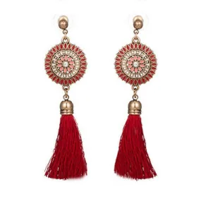 Red Bohemian Gold Disc and Tassel Earrings