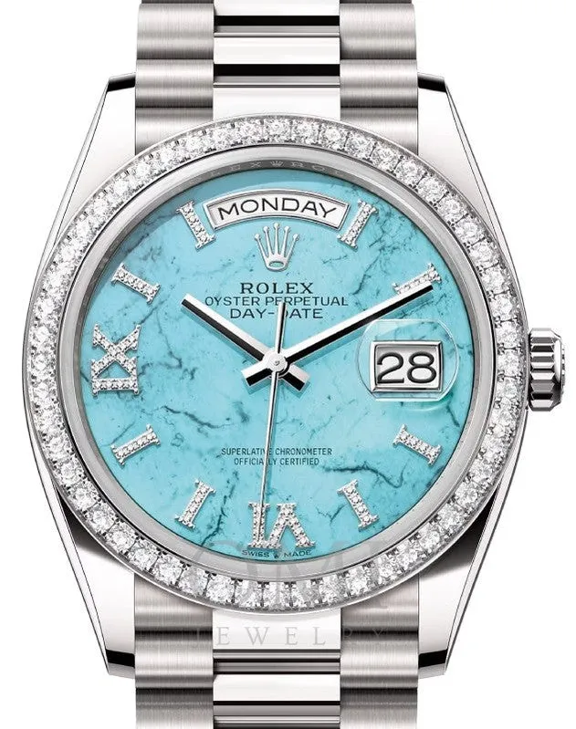 ROLEX DAY-DATE 36 PRESIDENT WHITE GOLD TURQUOISE TIFFANY DIAMOND DIAL & BEZEL 128349RBR WITH WHITE GOLD PRESIDENT OYSTER BRACELET