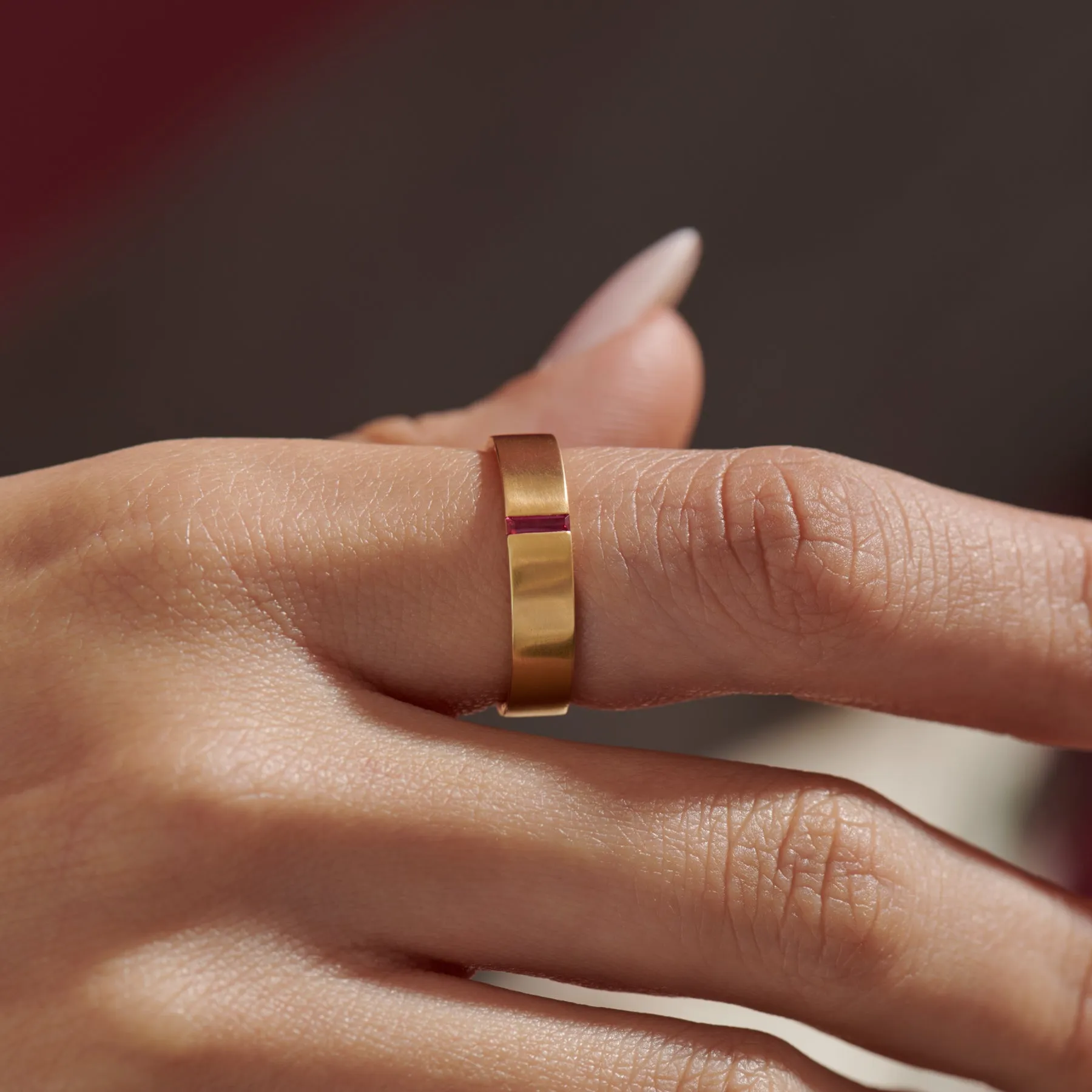 Ruby Baguette Unisex Matte Gold Wedding Band