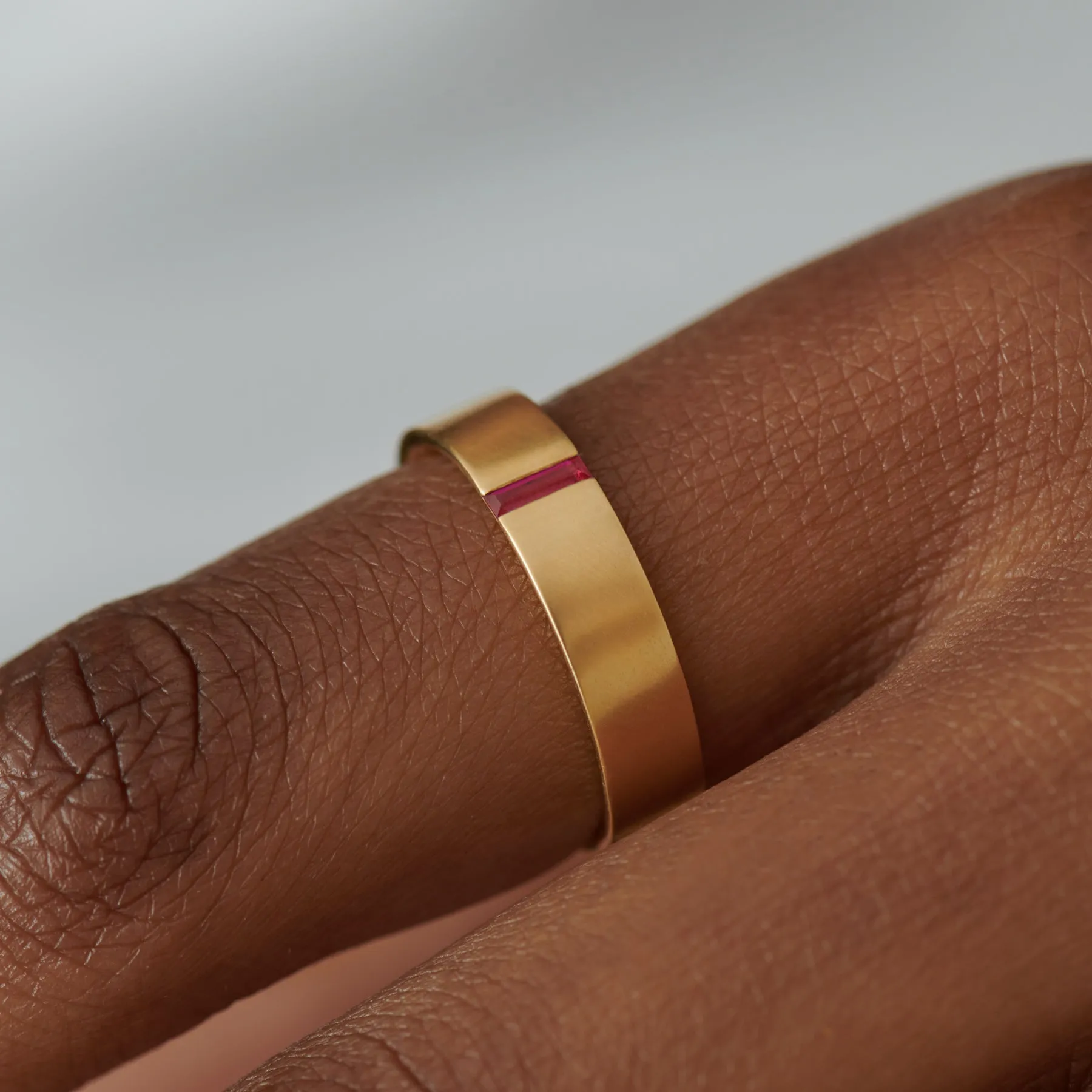 Ruby Baguette Unisex Matte Gold Wedding Band