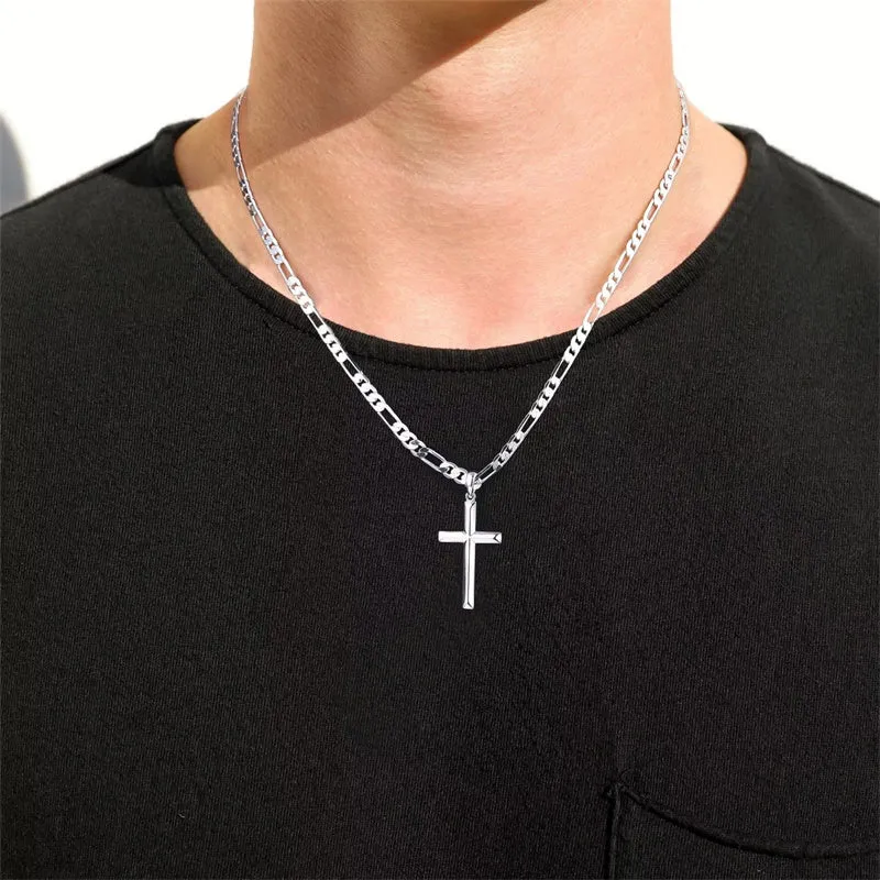 S925 Sterling Silver Cross Pendant Cross Necklace for Men, Mens Cross Necklace  Figaro Chain Necklace for Men Women Girls