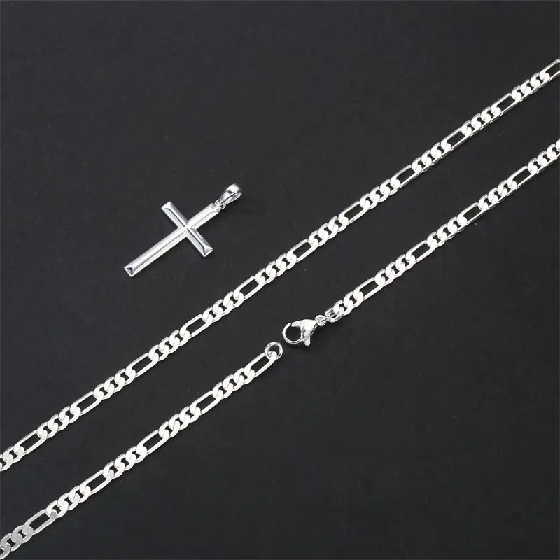 S925 Sterling Silver Cross Pendant Cross Necklace for Men, Mens Cross Necklace  Figaro Chain Necklace for Men Women Girls