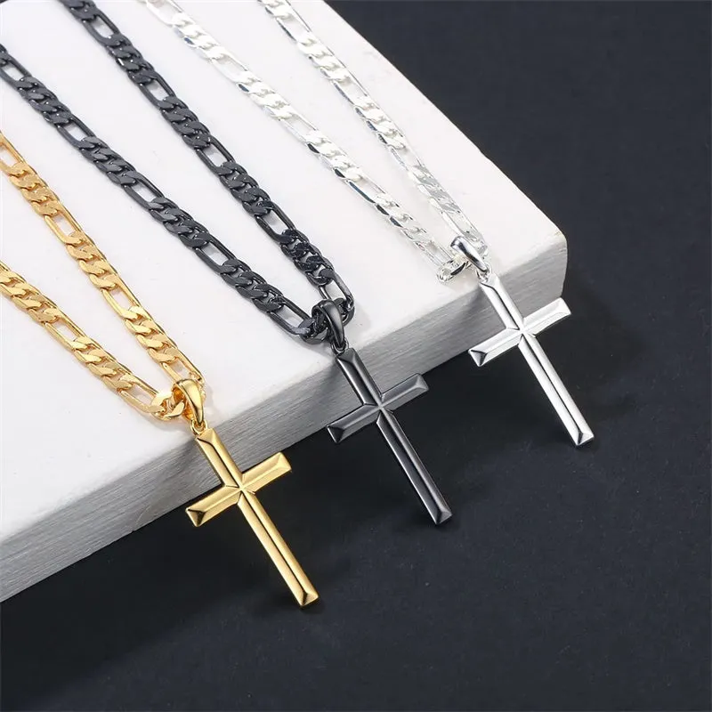 S925 Sterling Silver Cross Pendant Cross Necklace for Men, Mens Cross Necklace  Figaro Chain Necklace for Men Women Girls