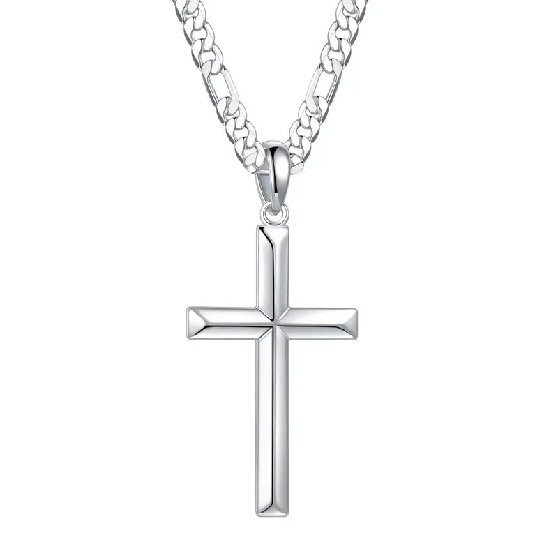 S925 Sterling Silver Cross Pendant Cross Necklace for Men, Mens Cross Necklace  Figaro Chain Necklace for Men Women Girls