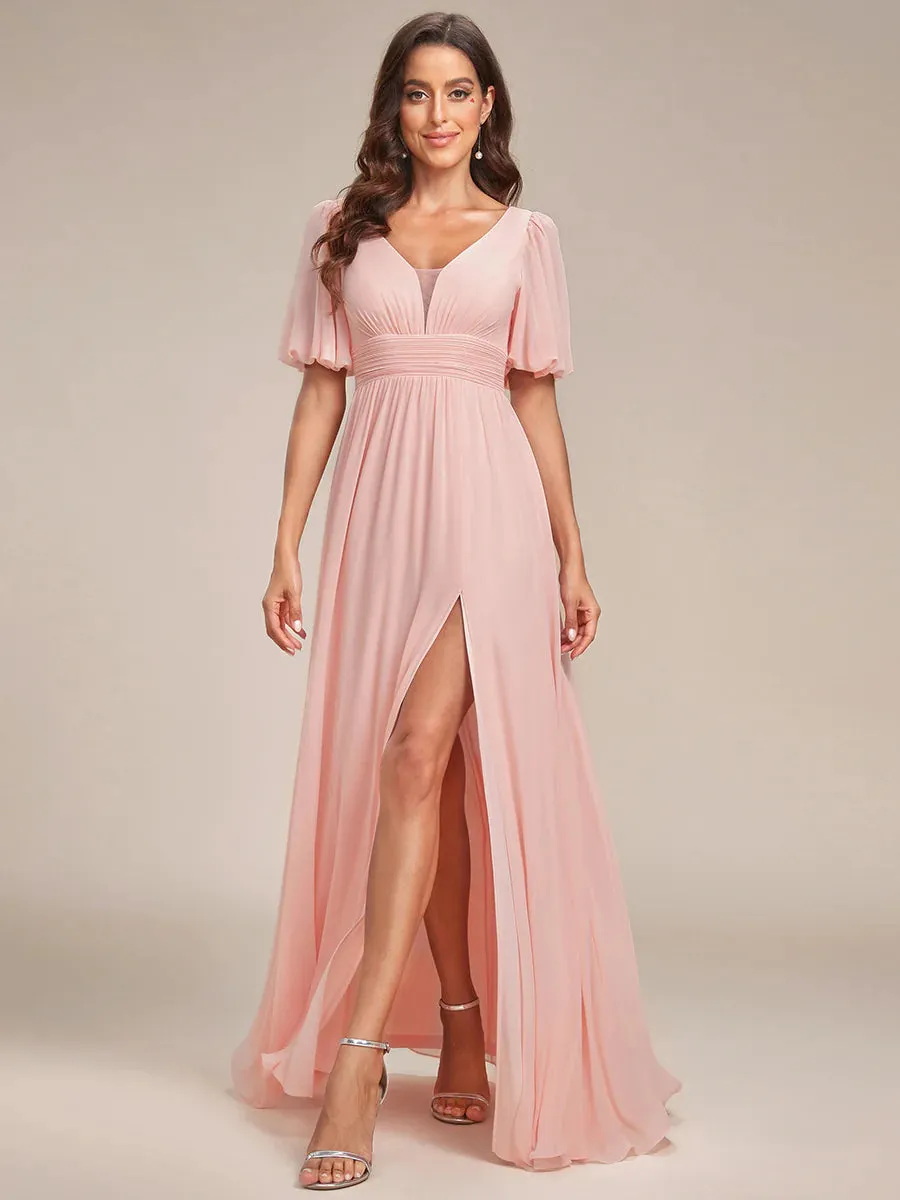 Short Balloon Sleeve Flowy Bridesmaid Dress