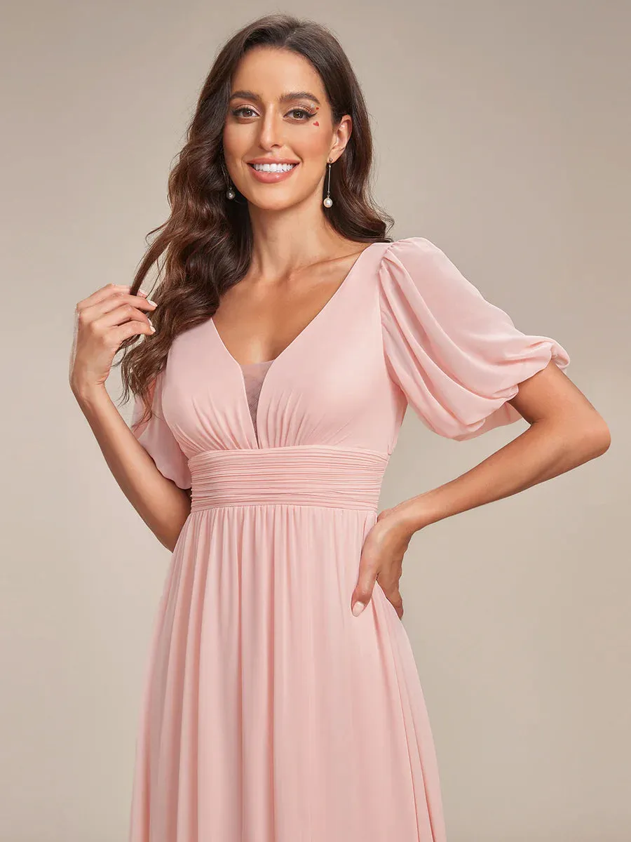 Short Balloon Sleeve Flowy Bridesmaid Dress