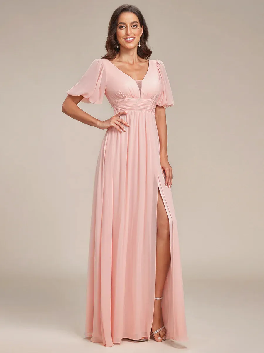 Short Balloon Sleeve Flowy Bridesmaid Dress