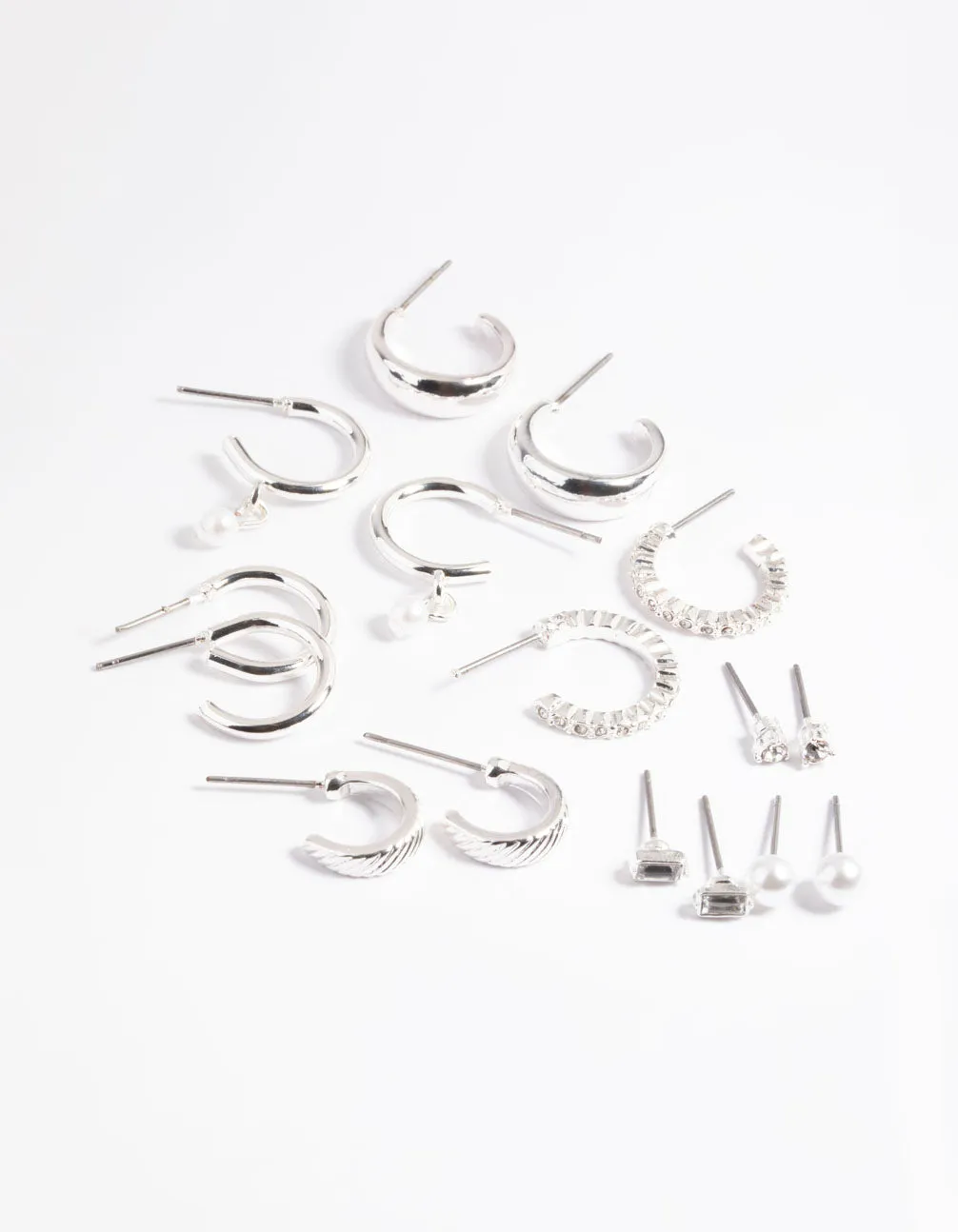 Silver Pearl Stud & Hoop Earrings 8-Pack