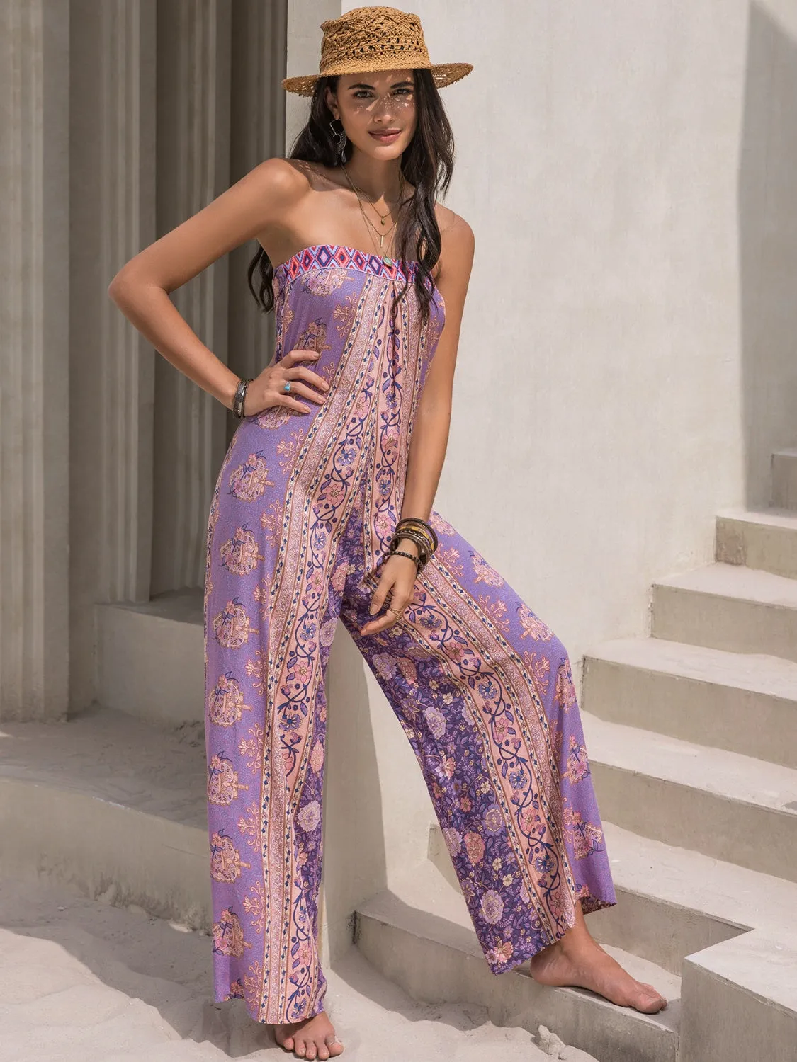 Sunset and Swim – Bedruckter Tube-Jumpsuit mit weitem Bein und Bindeband