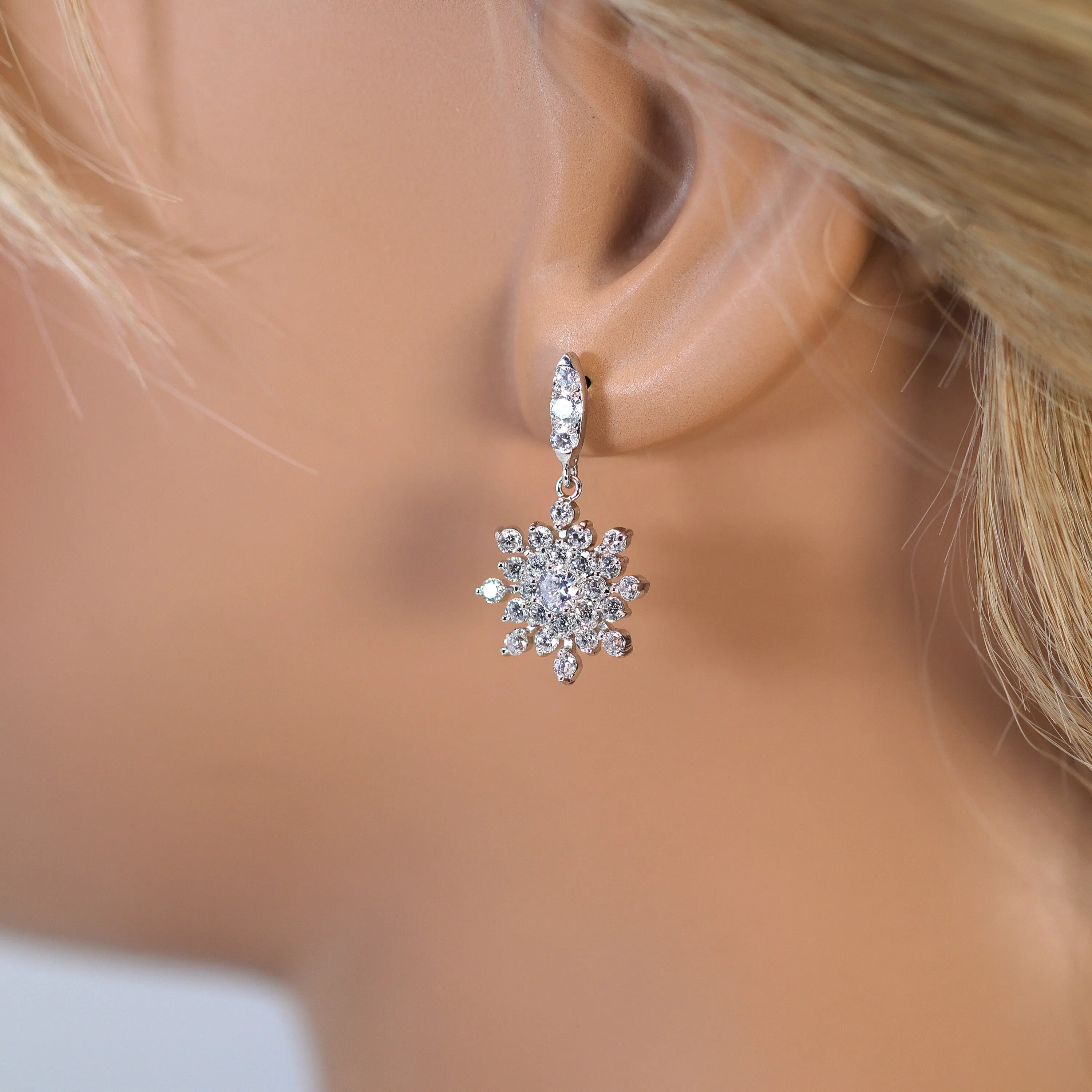 Swarovski Crystal Dainty Snowflake Drop Earrings, Long Dangle Crystal, Diamond Earrings, Long Bridal Jewelry, Crystal Bridal Earrings Cz