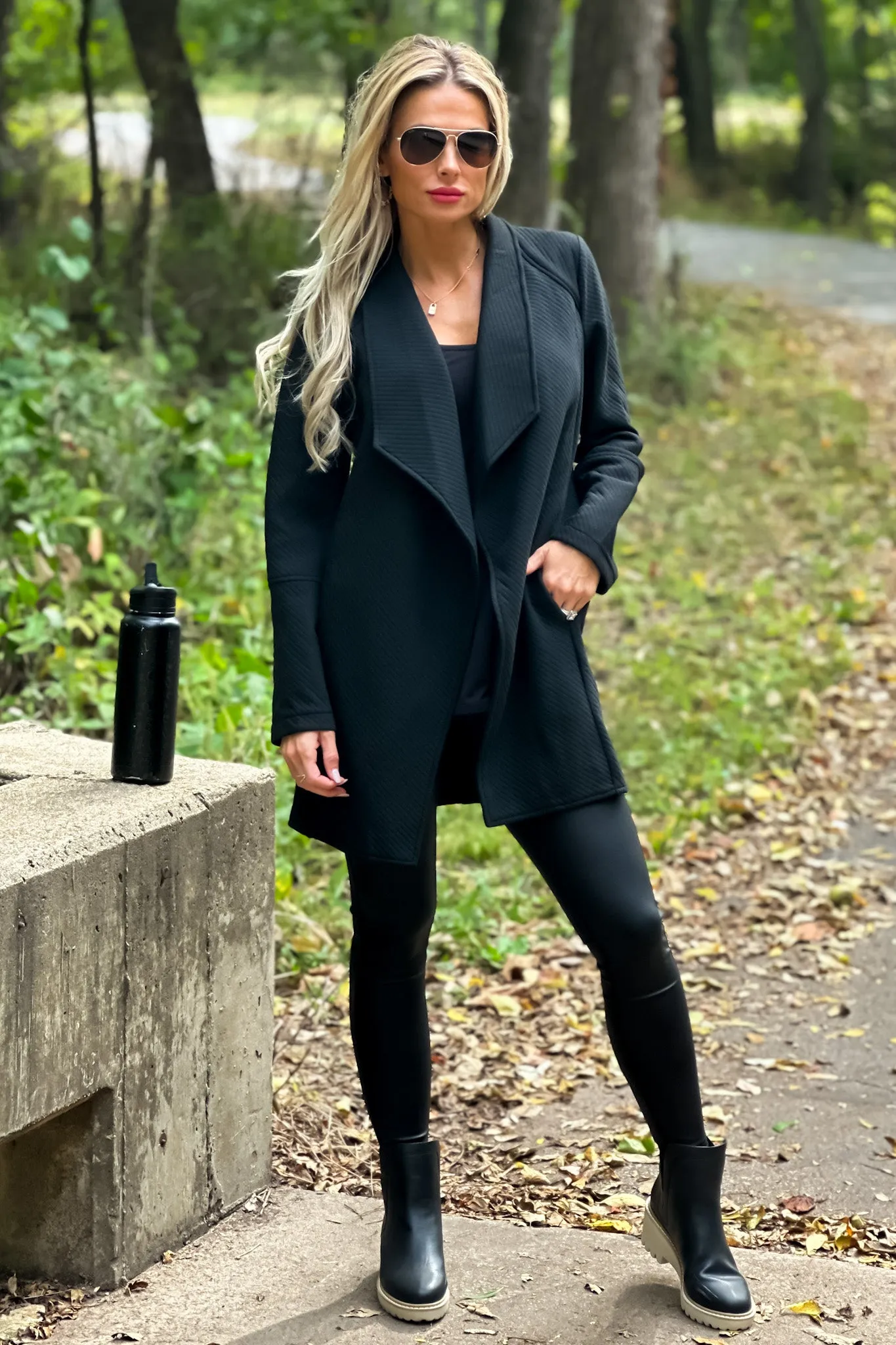 Top Notch Oversized Quilted Open Front Jacket : Black