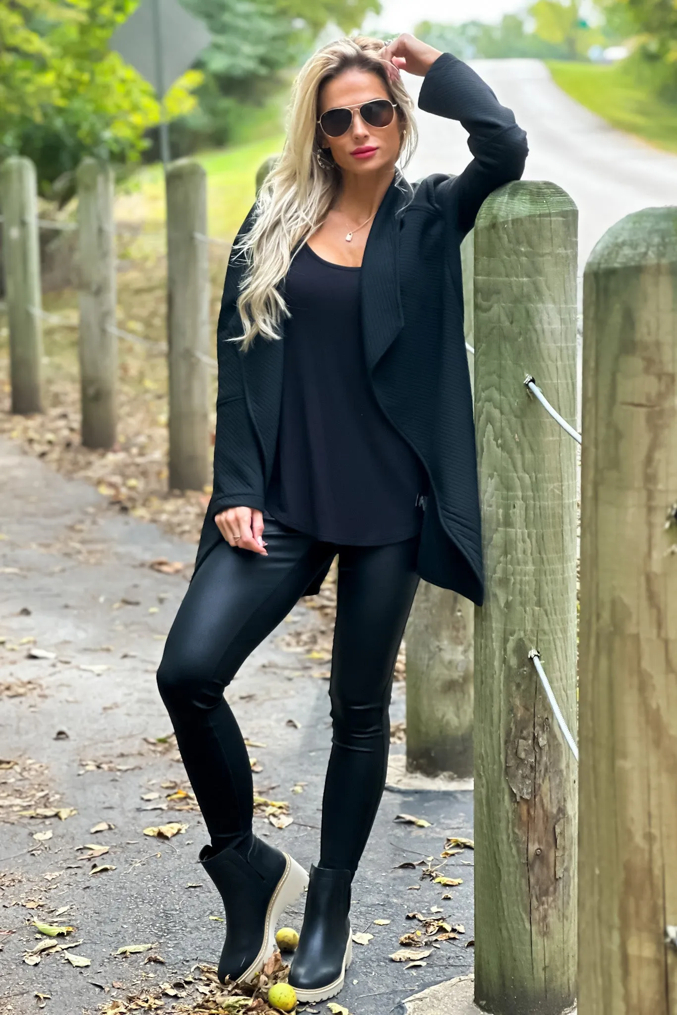 Top Notch Oversized Quilted Open Front Jacket : Black