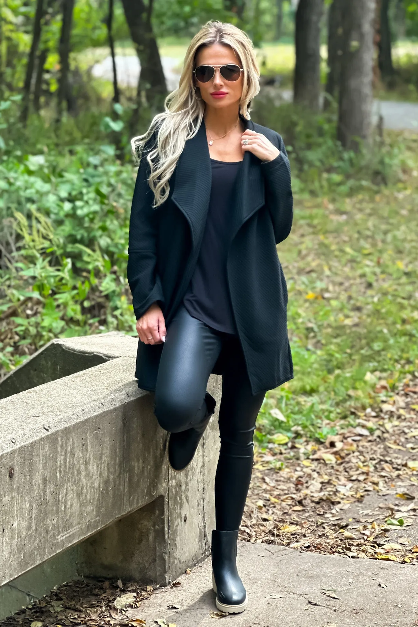 Top Notch Oversized Quilted Open Front Jacket : Black