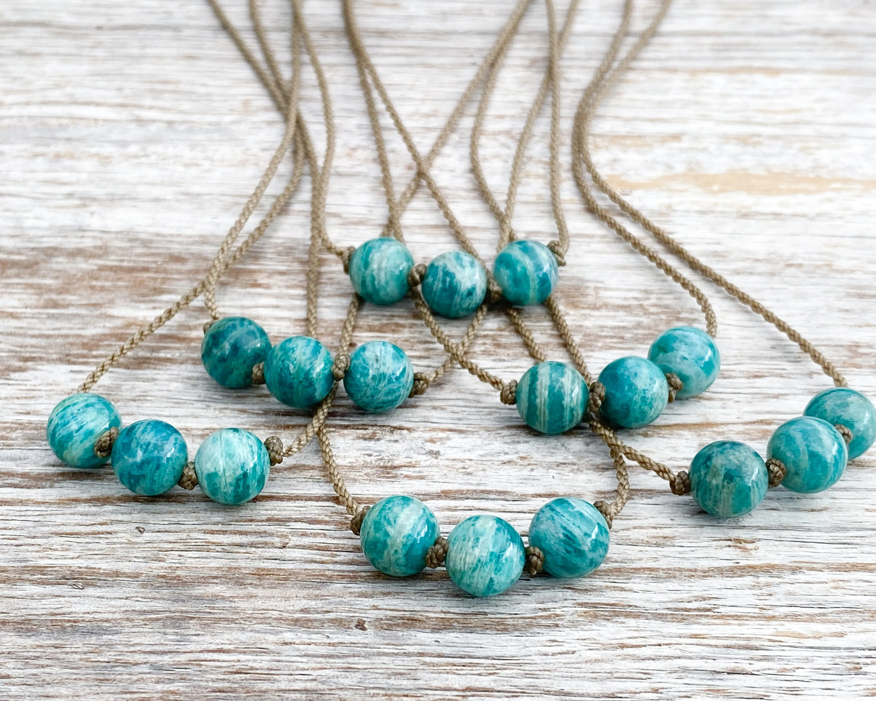 Triple Knotted Necklace-1067-Amazonite Banded Round Medium