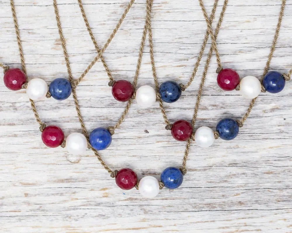 Triple Knotted Necklace-1944-Red White & Blue