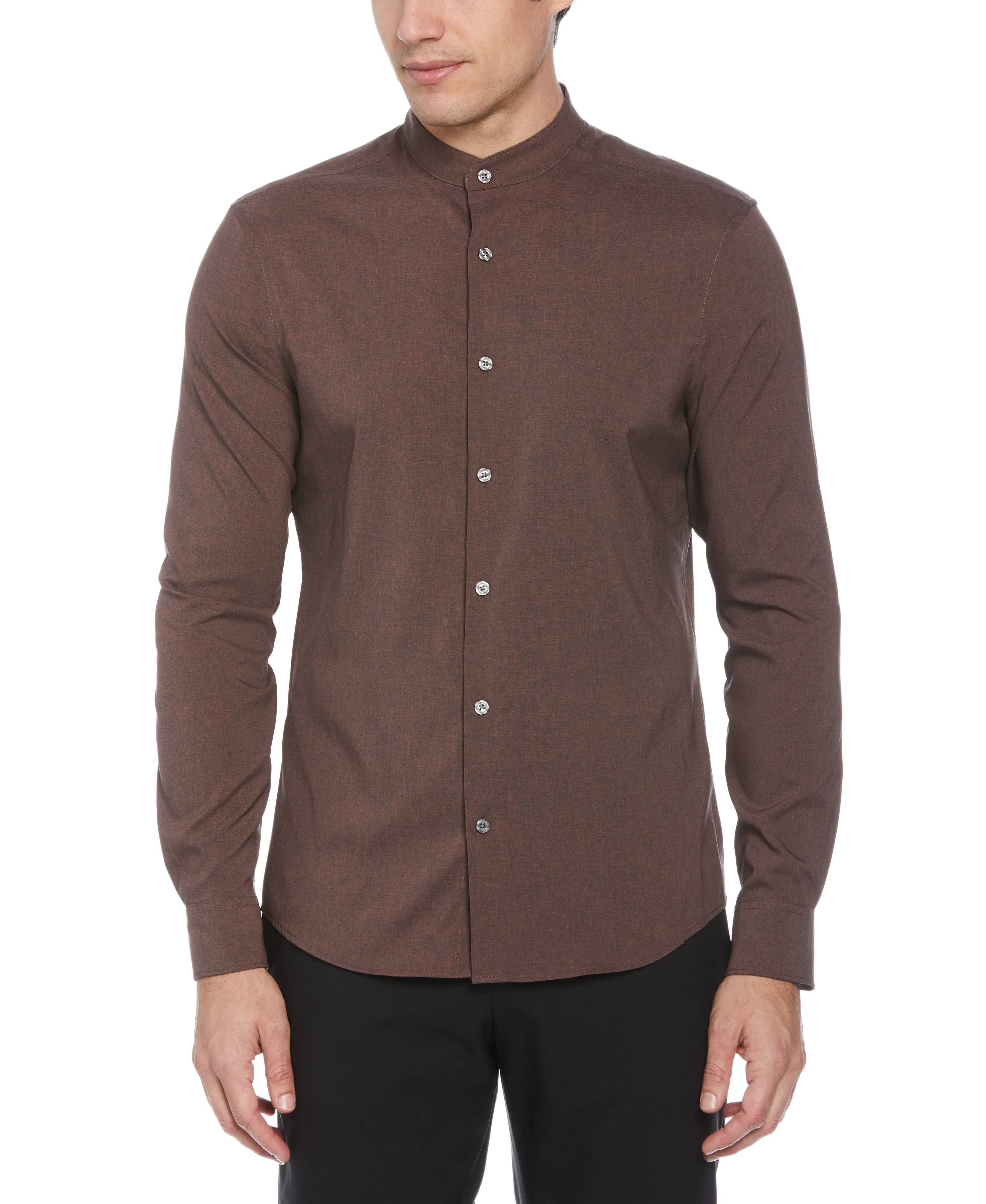 Untucked Total Stretch Slim Fit Banded Collar Shirt - Brown