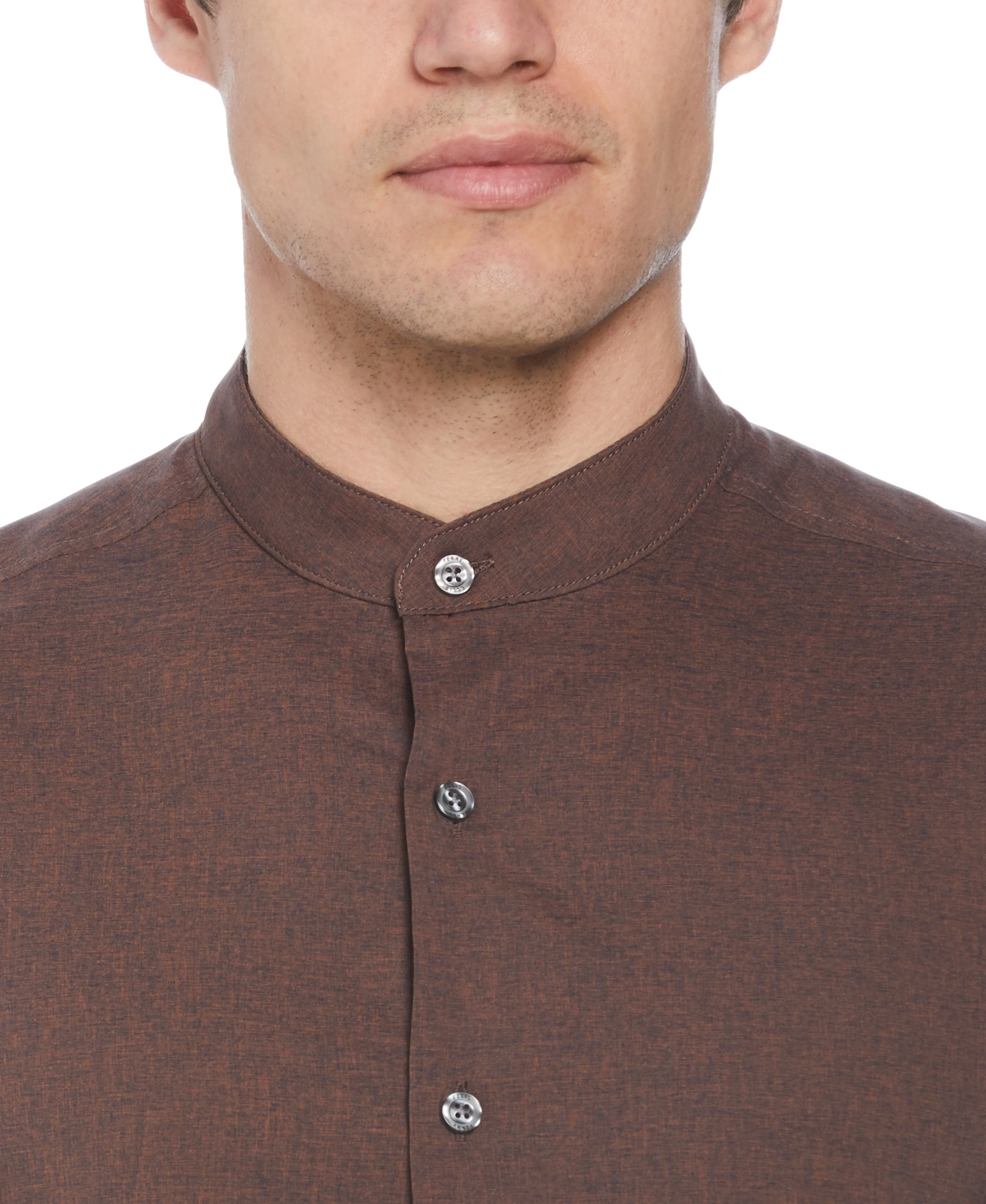 Untucked Total Stretch Slim Fit Banded Collar Shirt - Brown