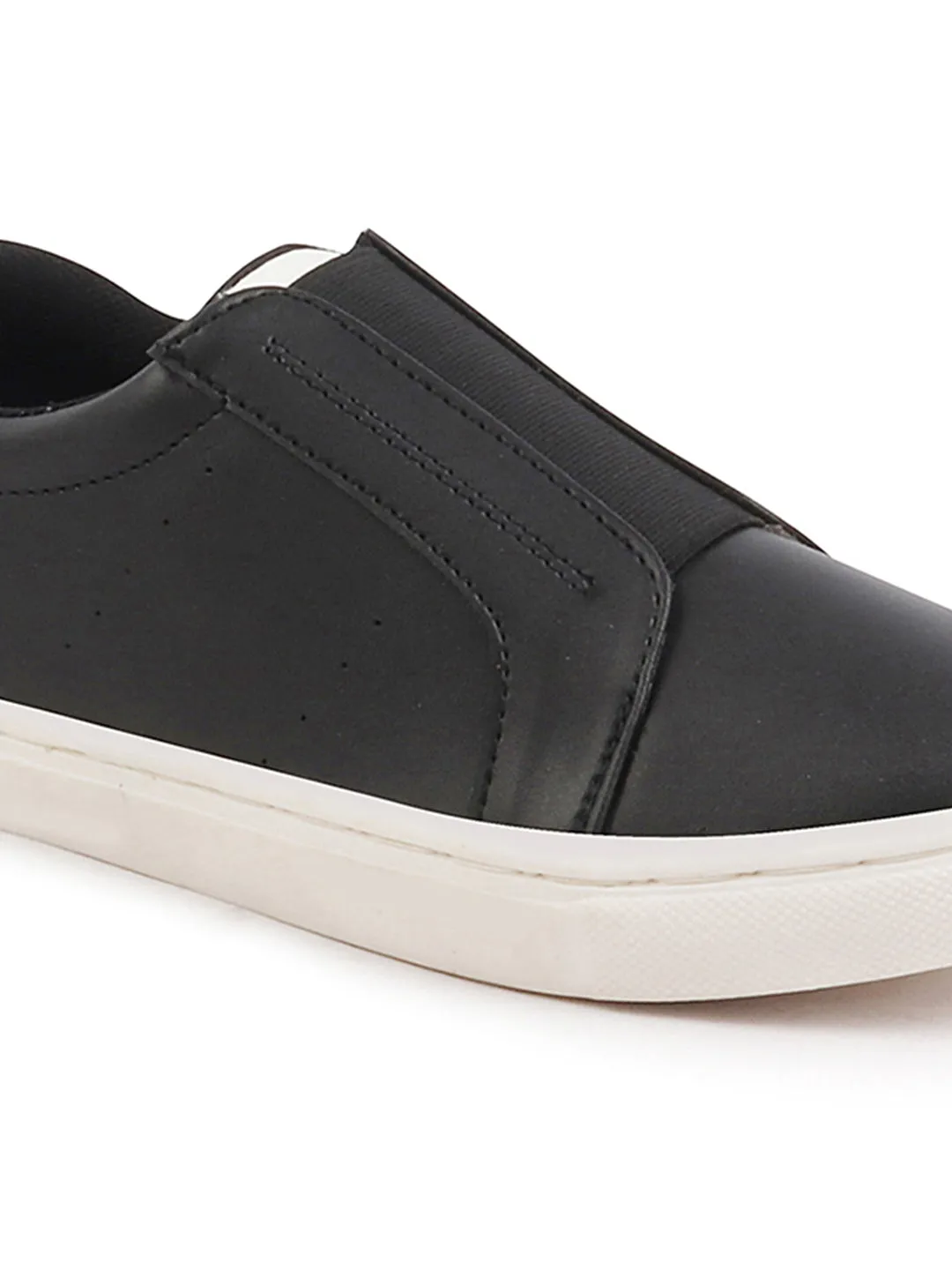 Women Black Elastic Closure Stitched Comfort Slip On Sneaker Shoes