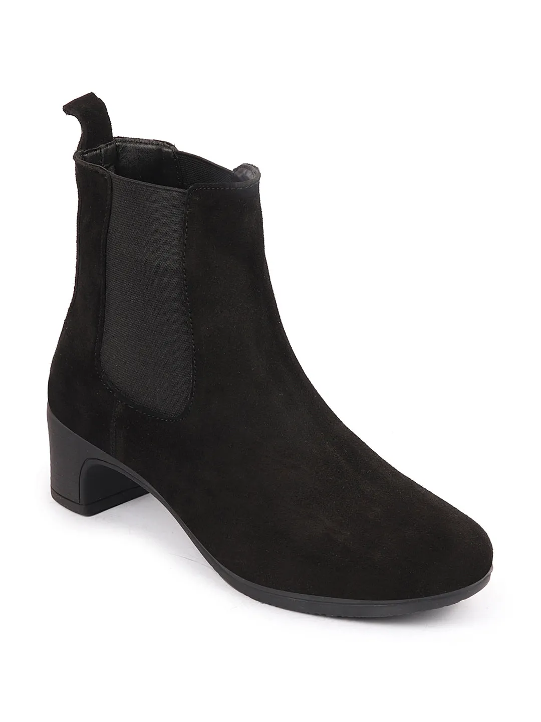 Women Black Flared Heel High Ankle Suede Leather Classic Winter Chelsea Boots