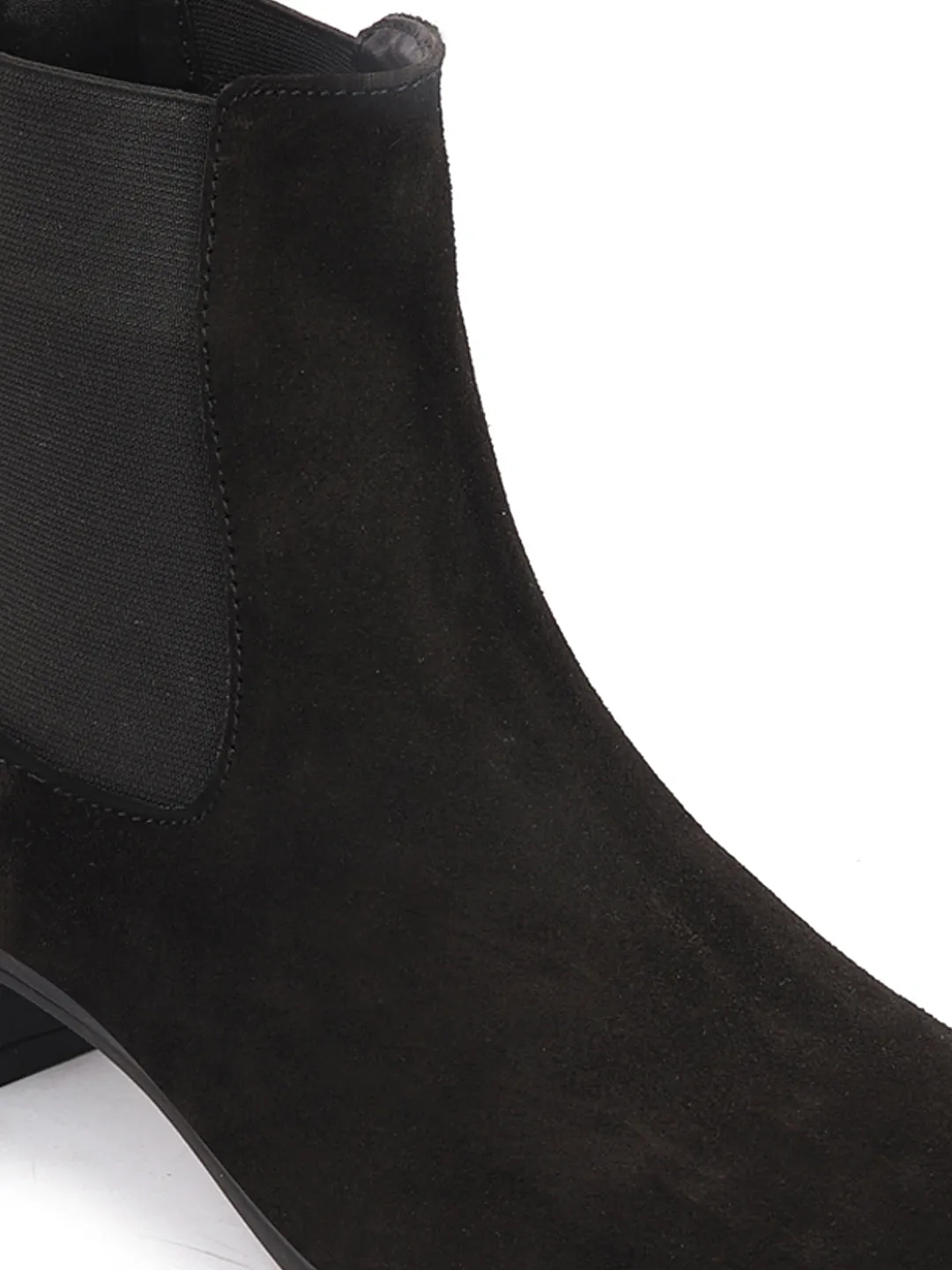 Women Black Flared Heel High Ankle Suede Leather Classic Winter Chelsea Boots